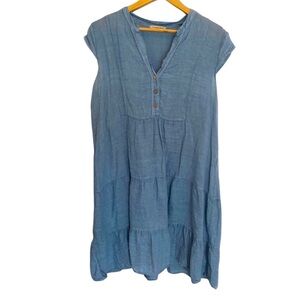 Francesca Bettini Italy Dress 100% Linen Blue Tiered Cap Sleeve Womens Medium